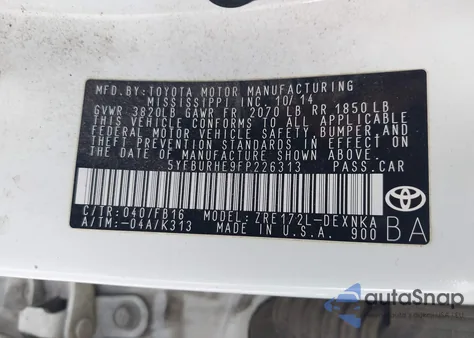 2015 Toyota Corolla Le Plus из США, поврежденный, VIN 5YFBURHE9FP226313